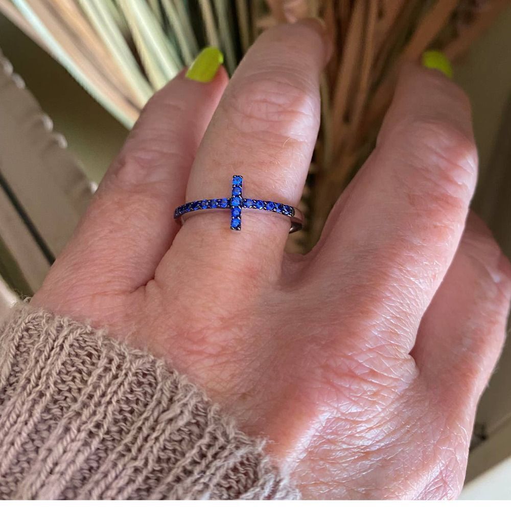 Blue Sapphire Cz Sterling Silver Sideways Cross Ring Size 7